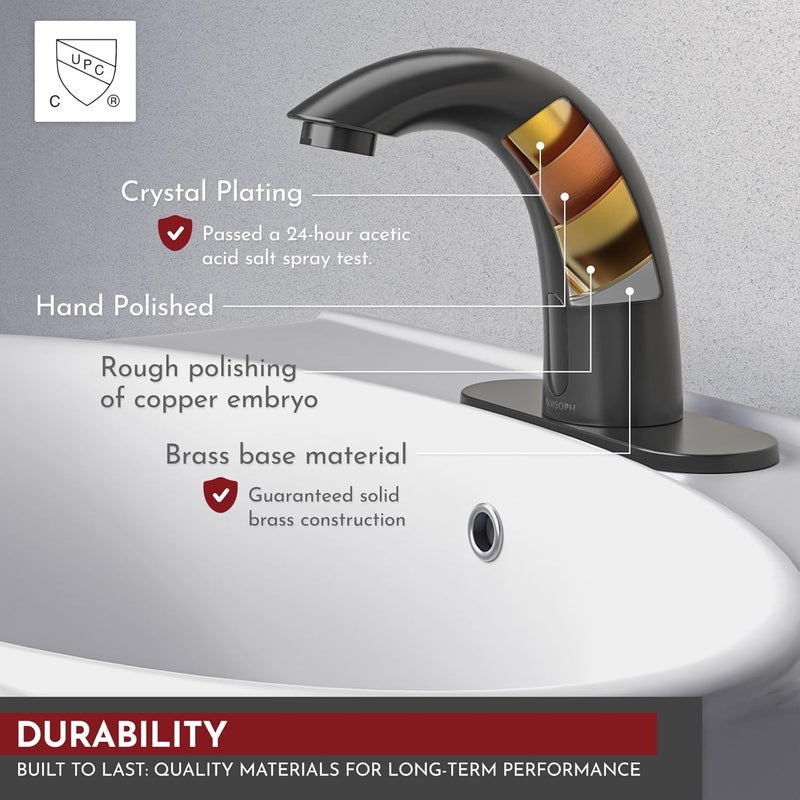 PRIMSOPH Automatic Motion Sensor Hands Free Electronic Infrared Smart Commercial Touchless Bathroom Sink Faucet with Cover Plate Temperature Mixer Battery or Plug-in Powered Matte Black - Image 3
